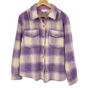 Skies Are Blue Women's Large Plaid Flannel Jacket Shacket Purple Cream